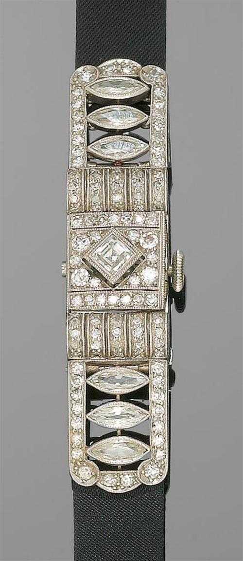 Appraisal: DIAMOND LADY'S WRISTWATCH Art D co Platinum Rectangular case No