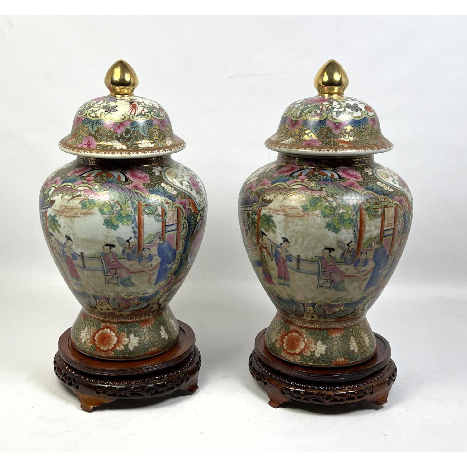 Appraisal: Pr Pottery Ginger Jars Lidded Forms with Floral and landscape