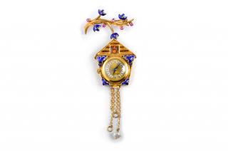 Appraisal: KYG Cuckoo Clock Pin KYG ruby and enamel cuckoo clock