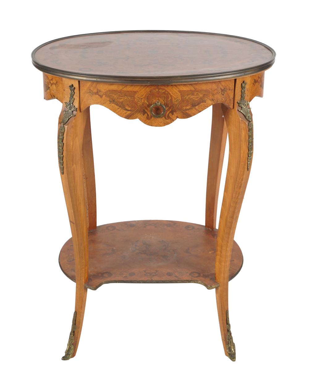 Appraisal: MARQUETRY-INLAID OCCASIONAL TABLE th century the oval top over one