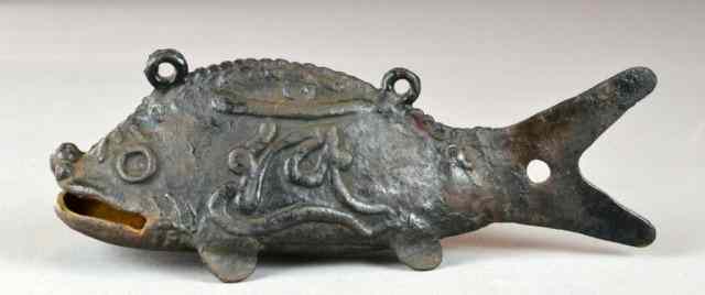 Appraisal: Japanese Cast Iron Fish-shaped Bell ChimeCast iron bell in shape