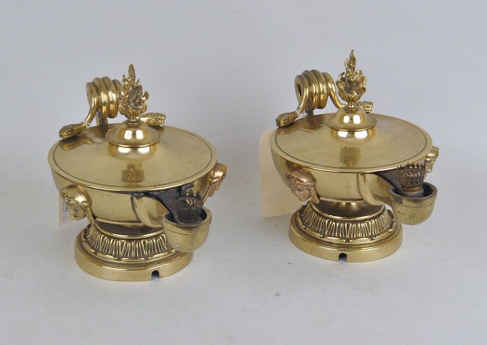 Appraisal: Pair Antique Classical Urn Form Brass Oil Lamps with snake