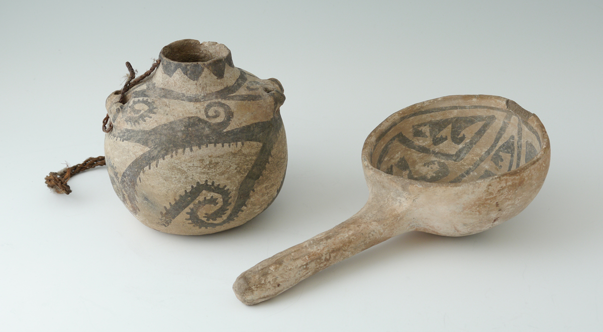 Appraisal: PIECE ANASAZI POTTERY CANTEEN LADLE pieces to include Double handle