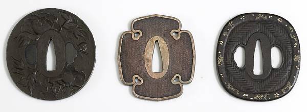 Appraisal: Three iron tsuba th Century The first a squared oval