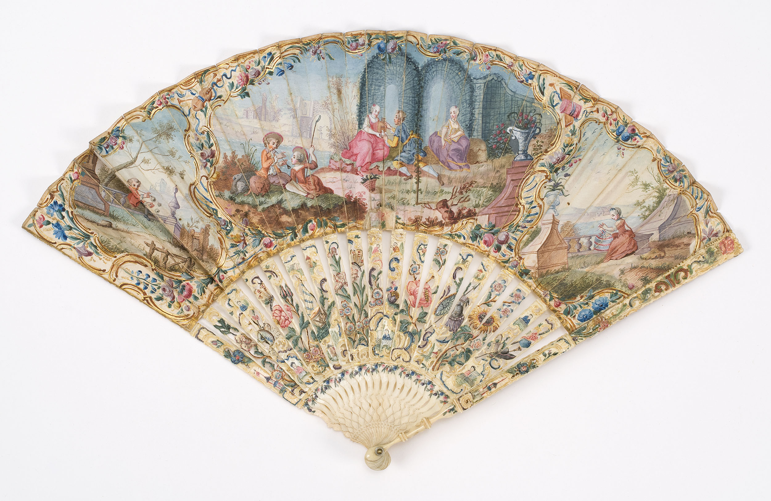 Appraisal: PAINTED PARCHMENT AND IVORY FOLDING FAN Italian th CenturyDouble-sided leaf