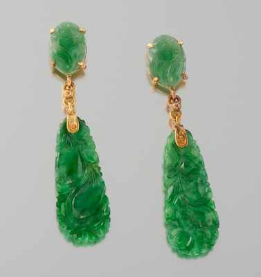 Appraisal: A Pair of Carved Jadeite Earrings k yellow gold earrings