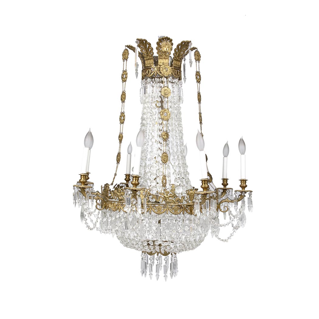 Appraisal: Empire Style Gilt-Metal and Cut Glass Eight-Light Chandelier The circular