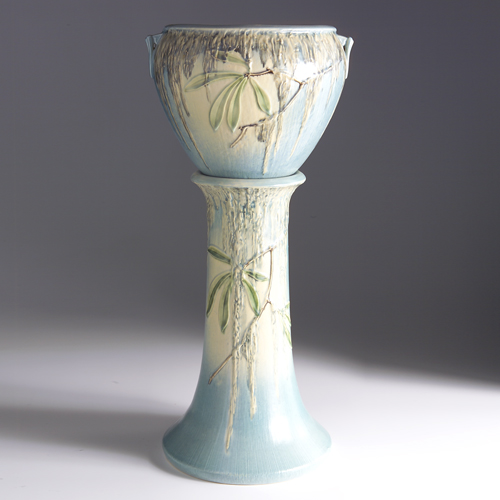 Appraisal: ROSEVILLE Blue Moss jardiniere - and pedestal set Impressed mark