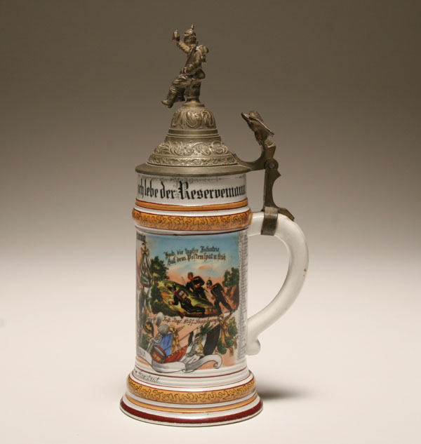 Appraisal: German regimental lithopane stein pewter lid with infantryman and eagle