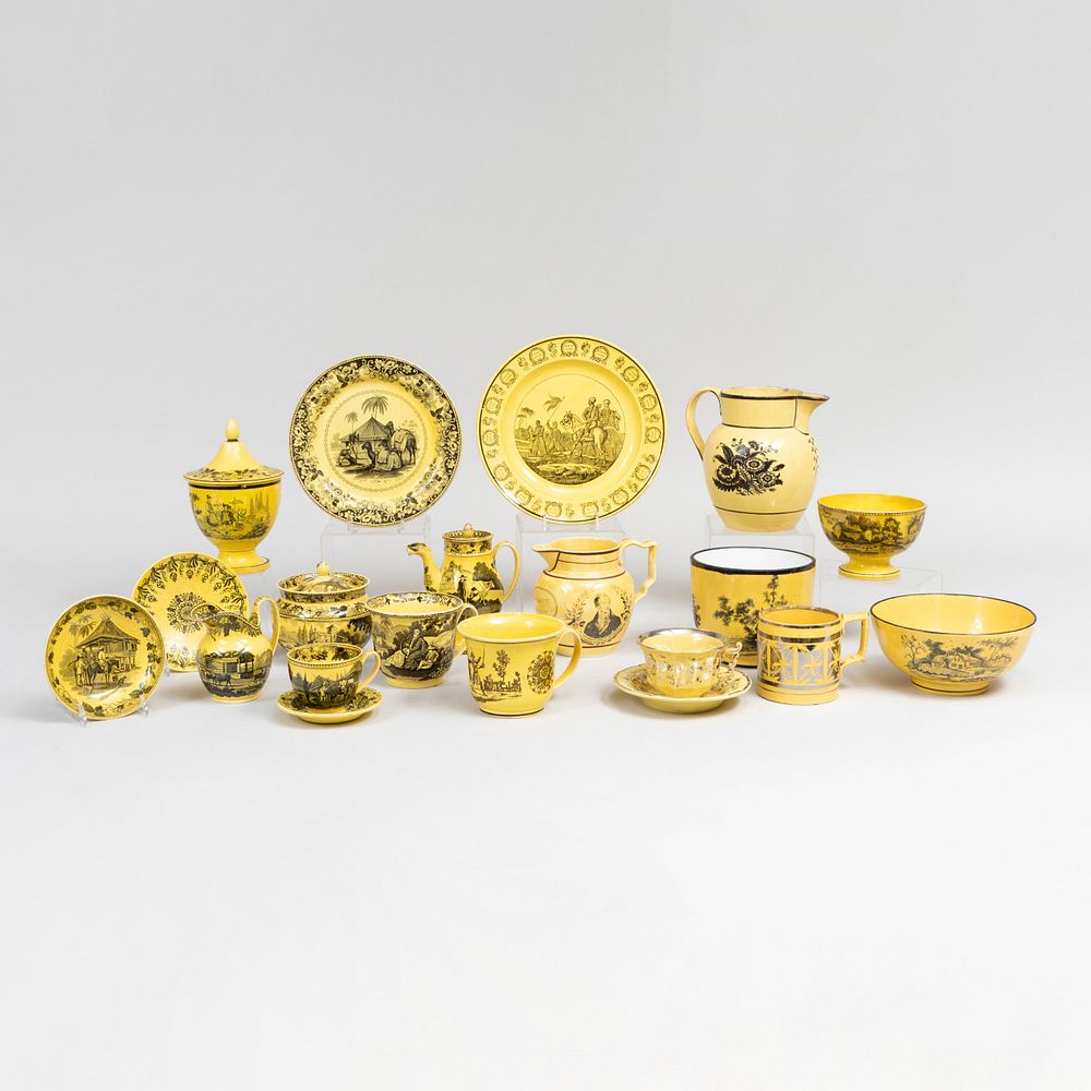 Appraisal: Group of Yellow Ground Faience Articles Variously marked Comprising Three