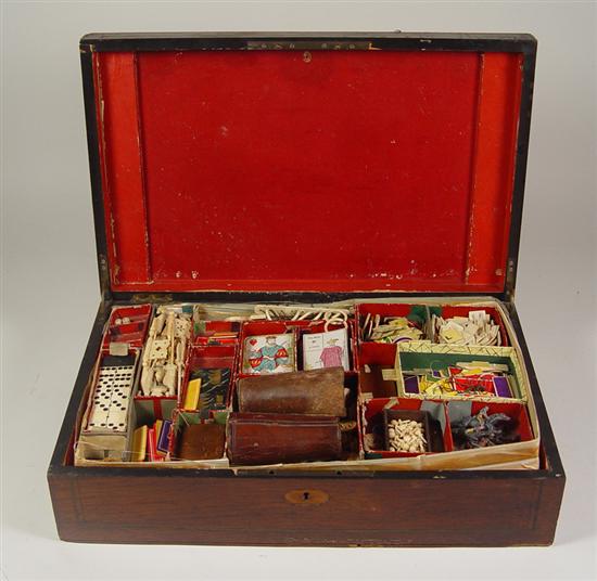 Appraisal: French Childrens' Games Circa Mahogany box with game pieces cards