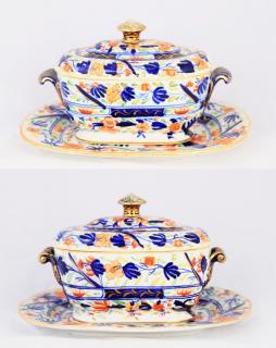 Appraisal: Two English Soft Paste Porcelain Imari Pattern Covered Sauce Dish