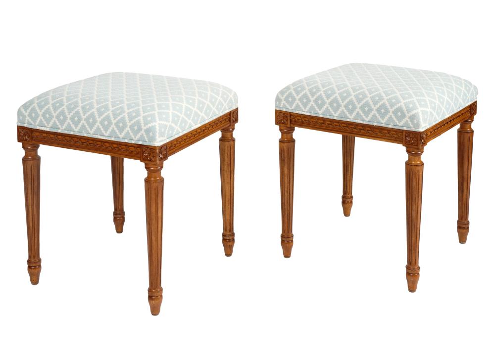 Appraisal: PAIR OF LOUIS XVI-STYLE CARVED FRUITWOOD STOOLS th century each