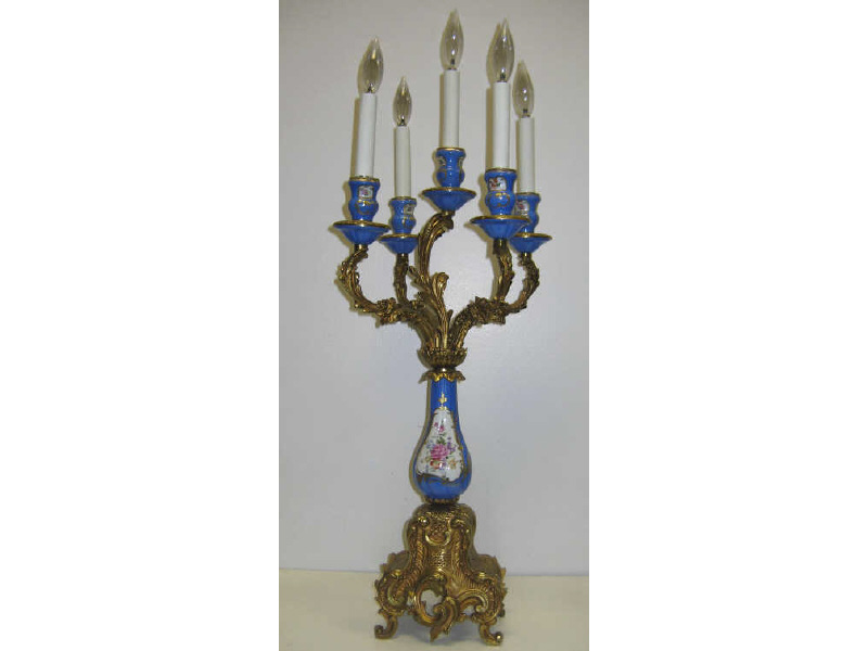 Appraisal: SEVRES STYLE FIVE-LIGHT CANDELABRUM Rococo style gilt metal and blue