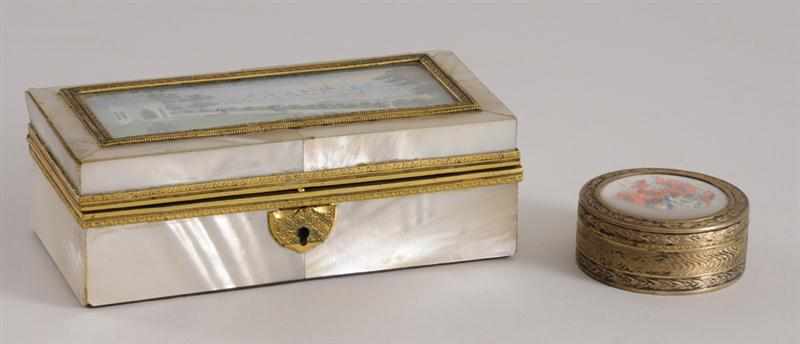 Appraisal: TWO CONTINENTAL WATERCOLOR-MOUNTED BOXES The one mother-of-pearl with a view