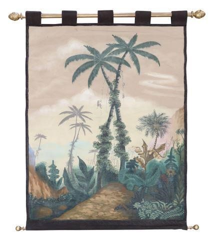 Appraisal: Painted burlap wall hanging depicting crossed palm trees with climbing