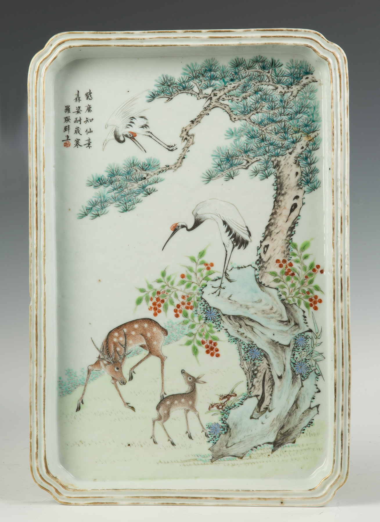 Appraisal: Chinese Hand Painted Porcelain Tray Signed Decorated with deer and