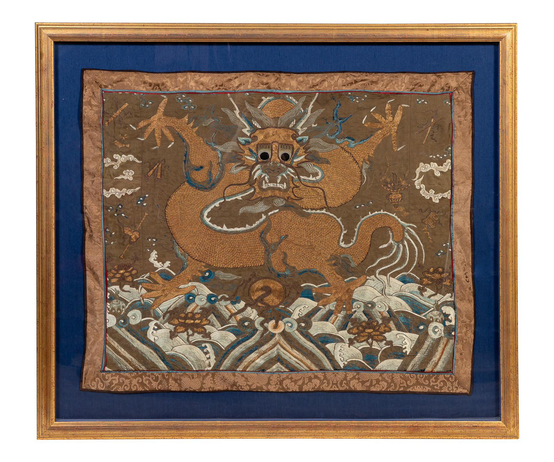 Appraisal: LARGE FRAMED CHINESE SILK EMBROIDERY DRAGON Large framed Chinese embroidery