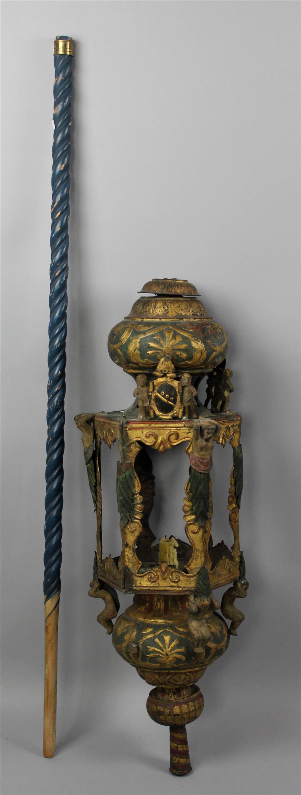 Appraisal: PAINTED TOLE VENETIAN STYLE GONDOLA LANTERN AND CARVED WOOD POLE