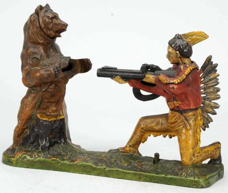 Appraisal: Cast Iron Indian Shooting Bear Mechanical Bank Manufactured by J