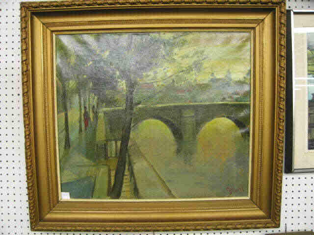 Appraisal: Gilbert Oil on Canvas street scene with bridge x well