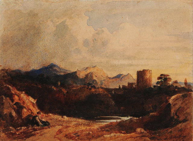 Appraisal: JOHN VARLEY - Mountain scene with castle tower probably Dol