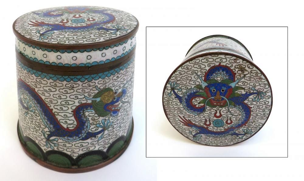 Appraisal: Lidded Cloisonne Dragon Container Lidded Cloisonne Dragon Container Description A