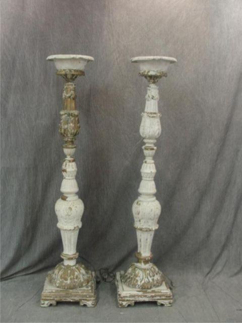 Appraisal: Pair of Carved Wood Torchiere Lamps Originally gilded Repainted From