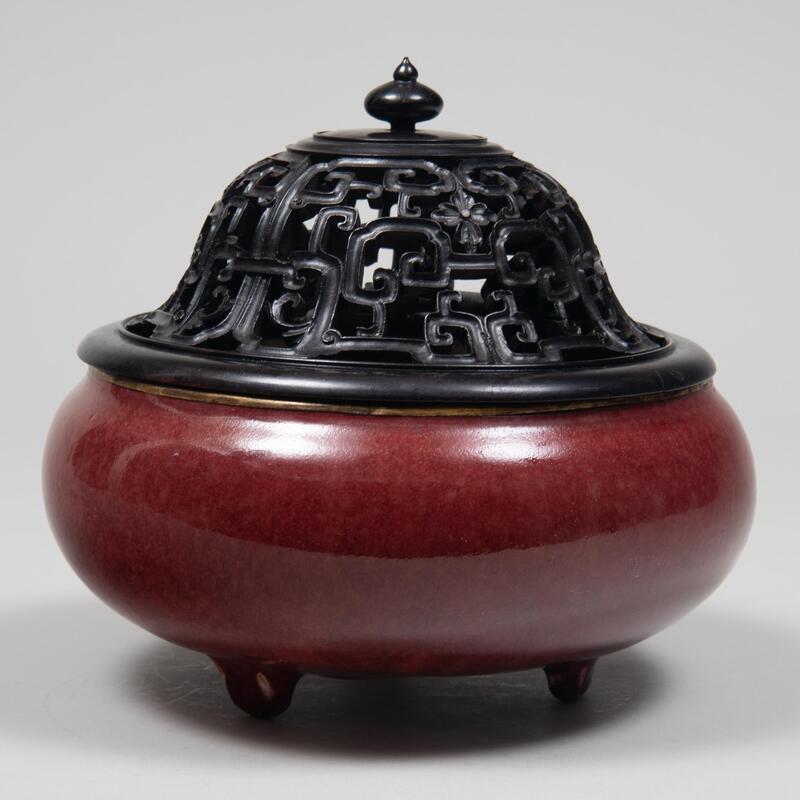 Appraisal: Chinese Copper Red Glazed Censor and a Carved Wood Cover