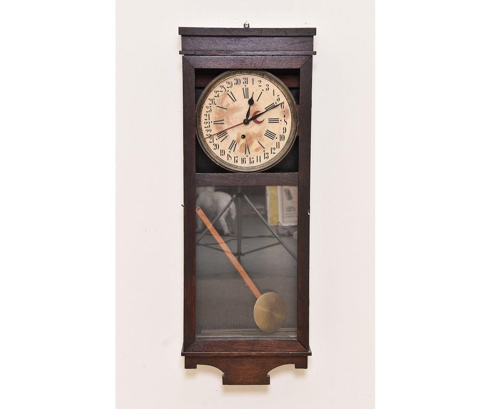 Appraisal: Oak-Faced Calendar Wall Clock Oak-faced calendar wall clock h x