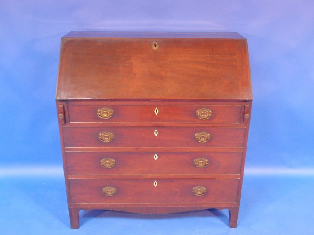 Appraisal: A George III mahogany bureau the fitted interior with satinwood