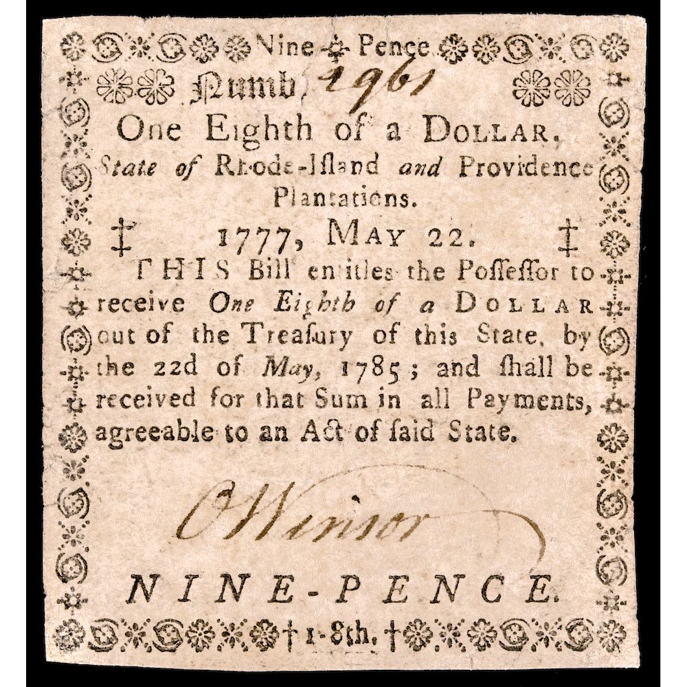 Appraisal: Colonial Currency RI May One Eighth of a Dollar Choice