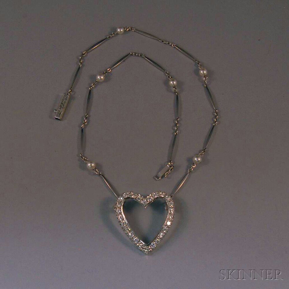 Appraisal: Platinum Diamond and Pearl Heart Necklace the platinum and diamond