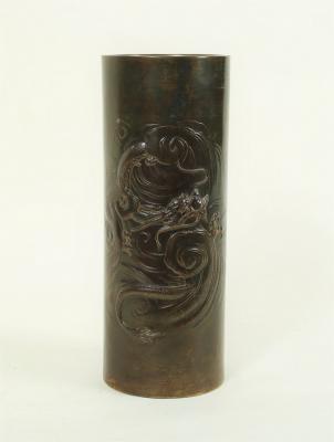 Appraisal: A Japanese Meiji period cylindrical bronze vase decorated a dragon