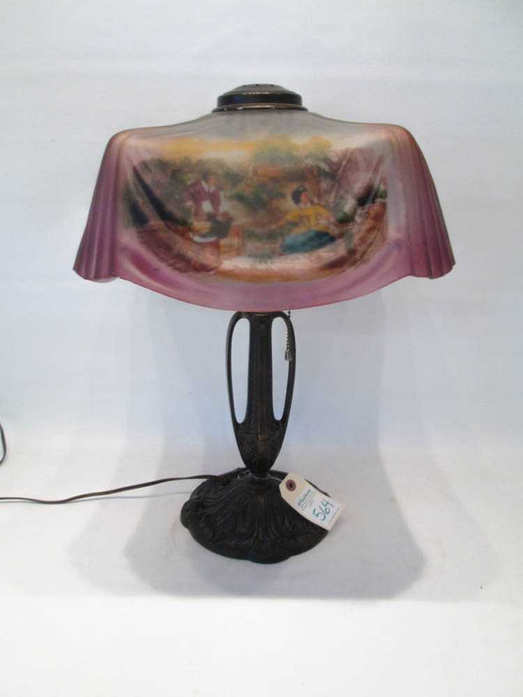 Appraisal: REVERSE PAINTED TABLE LAMP the squared glass shade decorated in