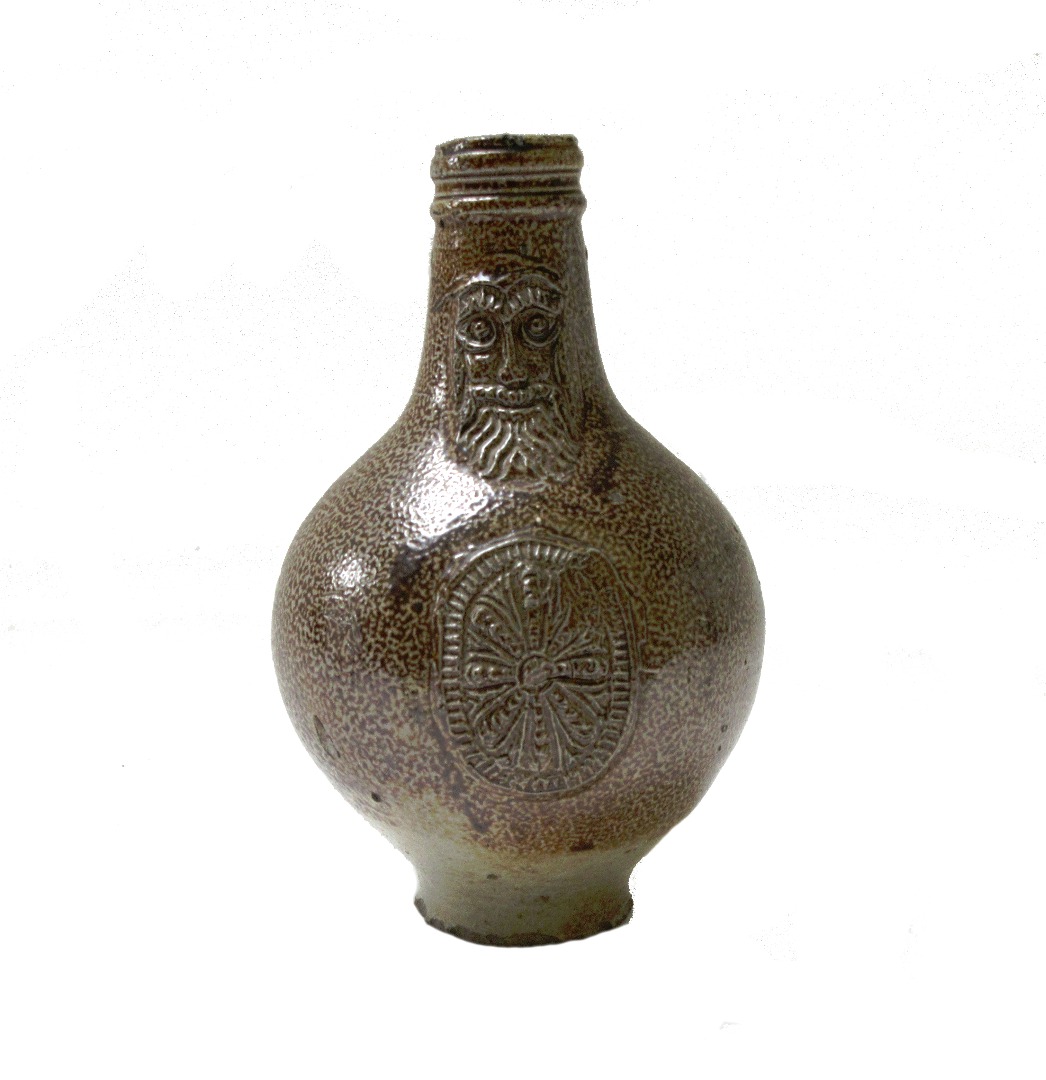 Appraisal: A German bellarmine stoneware flask th century relief moulded with