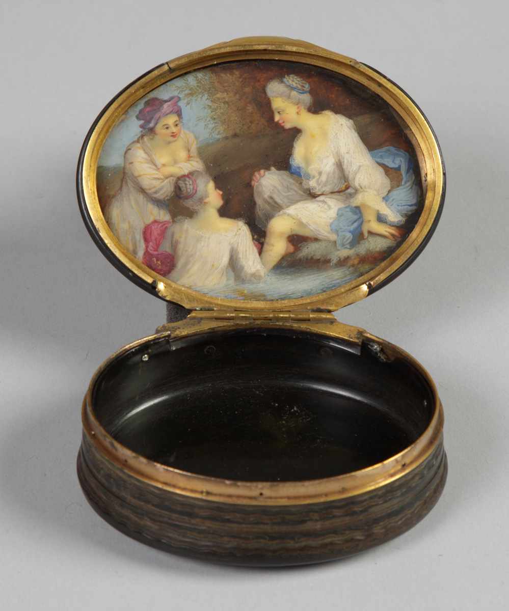 Appraisal: Carved Horn Snuff Box w Watercolor of young maidens Early