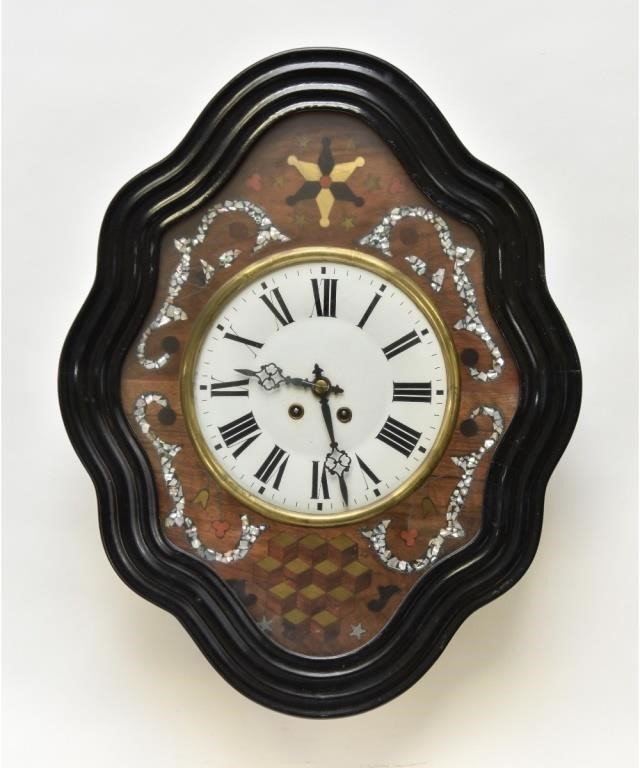 Appraisal: Victorian wall clock with shaped frame door inlaid with mother-of-pearl