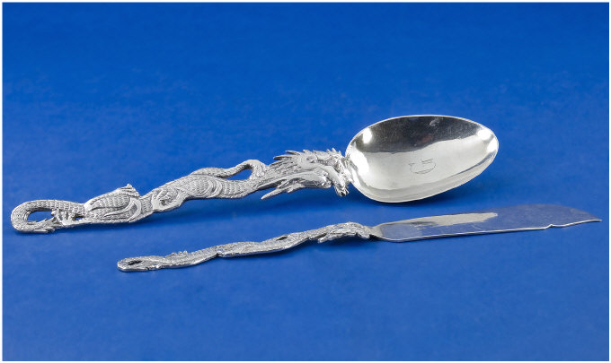 Appraisal: Chinese Silver Spoon and Butter Knife Each with a handle