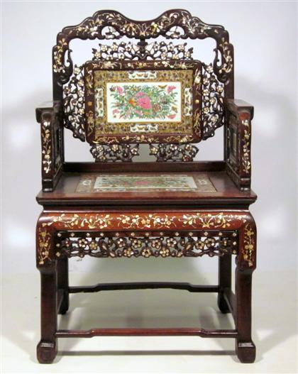 Appraisal: Chinese export rosewood and inset porcelain armchair th century