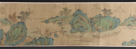 Appraisal: Chinese painted scroll with landscape and calligraphy Watercolor on paper