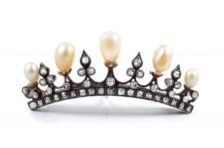 Appraisal: An Antique Natural Pearl Tiara Diamond Pin Silver on gold