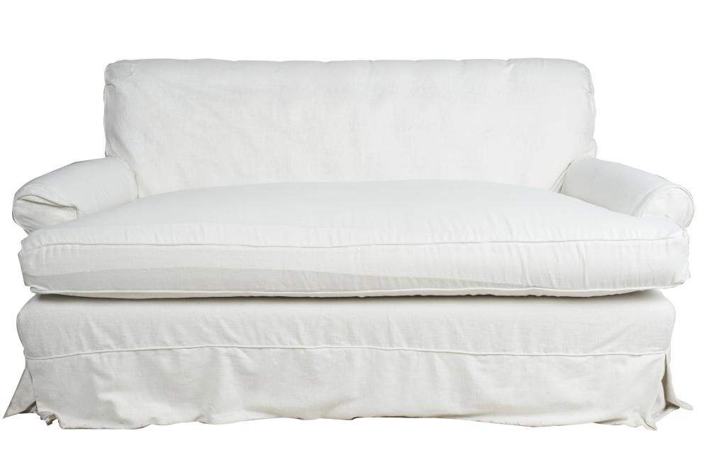 Appraisal: GEORGE SMITH STYLE WHITE LINEN SLIP-COVERED SOFAunsigned upholstered in white