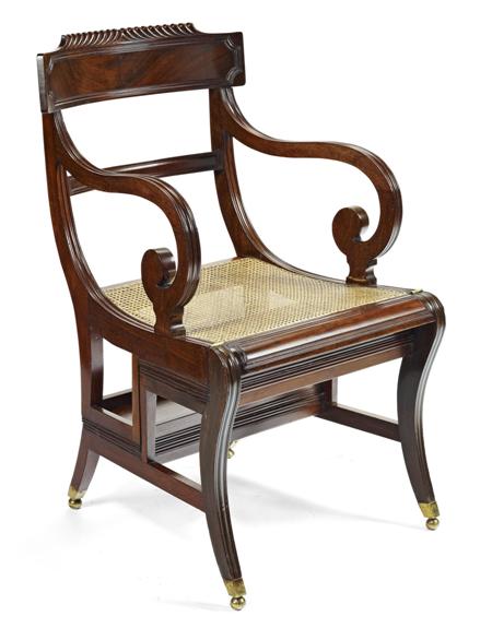 Appraisal: MAHOGANY METAMORPHIC LIBRARY STEPS ARMCHAIR BY J DENT OF KENSINGTON