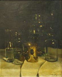 Appraisal: Arpad Romek - Still life with Bottles oil on canvas