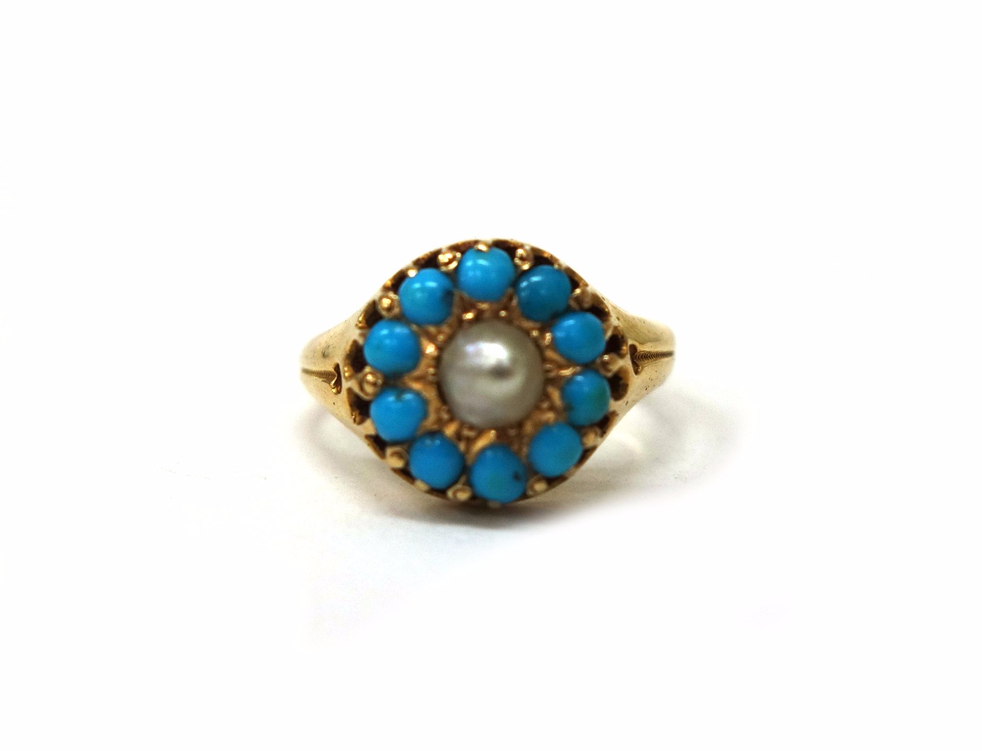 Appraisal: A late Victorian ct gold turquoise and half pearl cluster