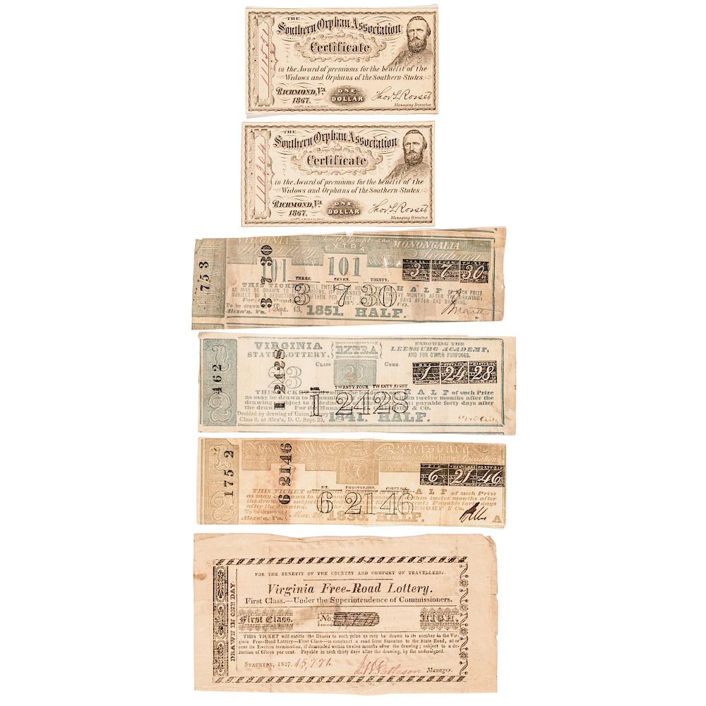 Appraisal: - Collection of EIGHTEEN Virginia Lottery Tickets With Sheets Post-Revolutionary