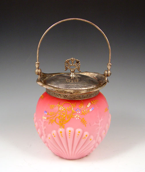 Appraisal: CONSOLIDATED GLASS SHELL SEAWEED BISCUIT JAR Victorian pink satin art