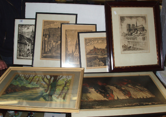 Appraisal: Framed Engravings Of German Origin Watercolour Depicting Woodland Scene By