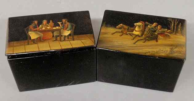 Appraisal: Two Russian lacquerware tea caddy boxes late th c one